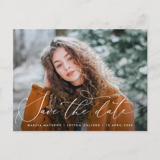 Thin-Script-Abschluss Save the Date Postkarte (Vorderseite)