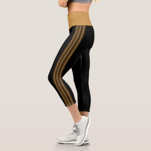Thin Stripe Black und Camel Tan Yoga Pants Legieru Capri Leggings