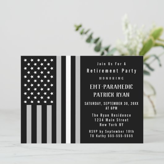 Thin White Line American Flag EMS Retirement Party Einladung (Stehend Vorderseite)