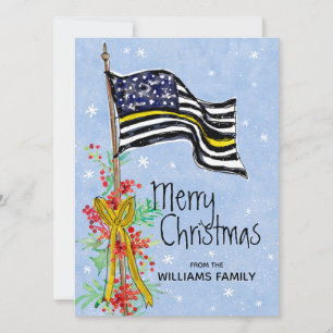Thin Yellow Line Flag Holly Red Berries Feiertagskarte
