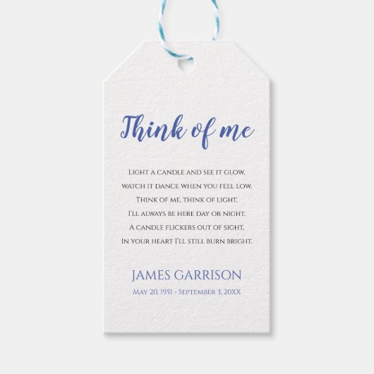 Think Of Me Blue Celebration of Life Candle Favor Geschenkanhänger (Vorderseite)