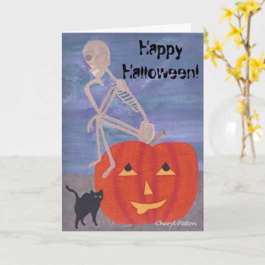 Thinker Skeleton auf KürbisHalloween-Karten Karte (Gelbe Blume)