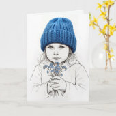 Thinking of You Girl In a Blue Knit Hat Karte (Gelbe Blume)