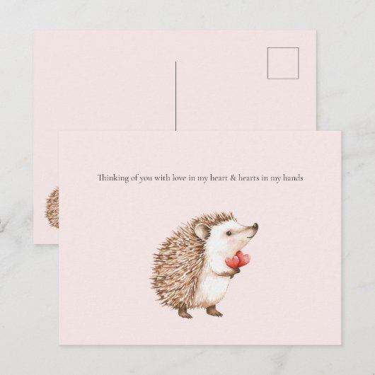 Thinking of you Hedgehog Hearts in Hands Postkarte (Vorne/Hinten)