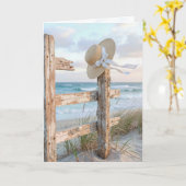 Thinking of You Sun Hat On a Beach Fence Karte (Gelbe Blume)