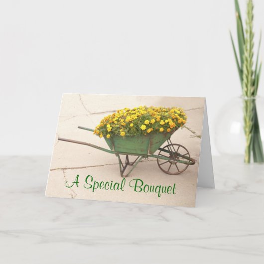 Thinking of You Vintage Wheelbarrow of Marigolds Karte (Vorderseite)