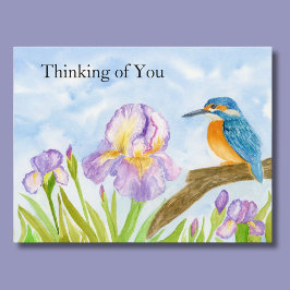 Thinking of You Watercolor Kingfisher Purple Iris Postkarte