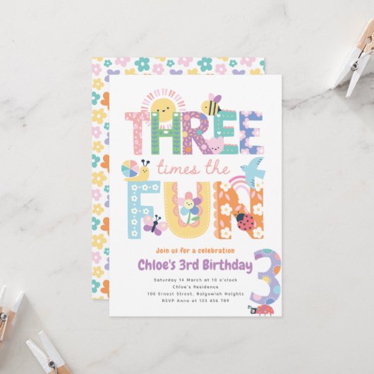 Third Birthday Invite Girl, Three Times the Fun Einladung (Vorderseite/Rückseite Beispiel)