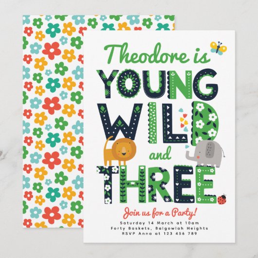 Third Birthday Invite, Young, Wild and Three Boys Einladung (Vorne/Hinten)