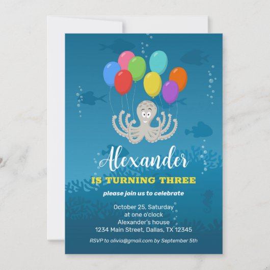 Third Birthday Party Octopus Balloons Invitation Einladung (Vorderseite)