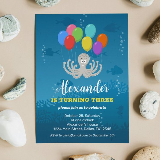 Third Birthday Party Octopus Balloons Invitation Einladung