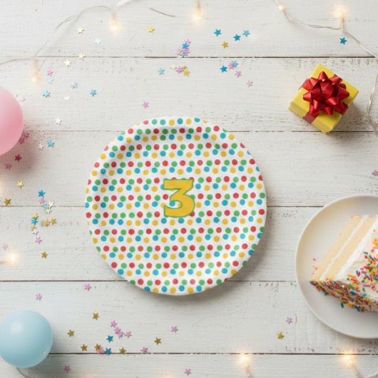 Third Birthday Party Plate with Colorful Polka Dot Pappteller