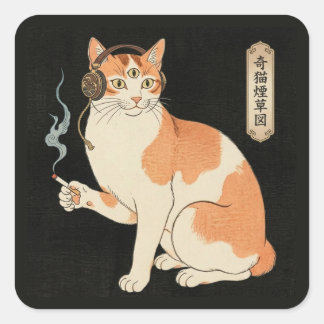 Third Eye Cat with Headphones & Cigarette - Japane Quadratischer Aufkleber