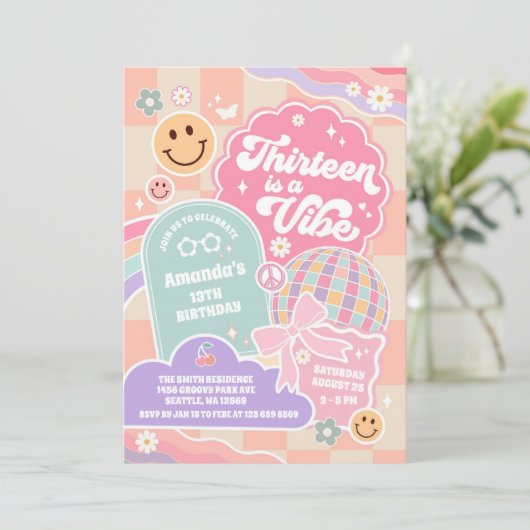 Thirteen Is A Vibe Cloud Rainbow Disco Birthday Einladung (Stehend Vorderseite)