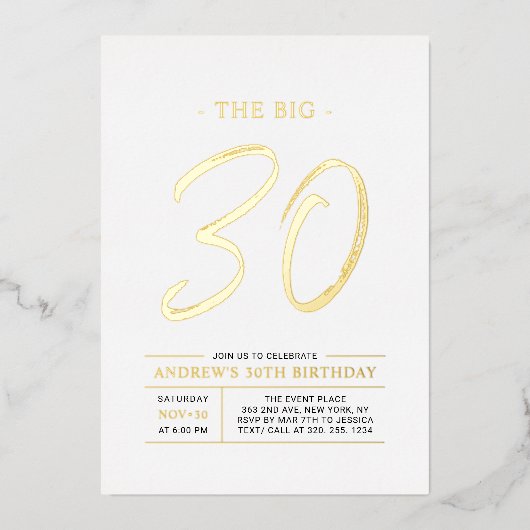 Thirty | Modern Gold Big 30th Birthday Party Folieneinladung (Vorderseite)