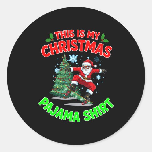 This Is My Christmas Pajama Santa Playing Skateboa Runder Aufkleber (Vorderseite)