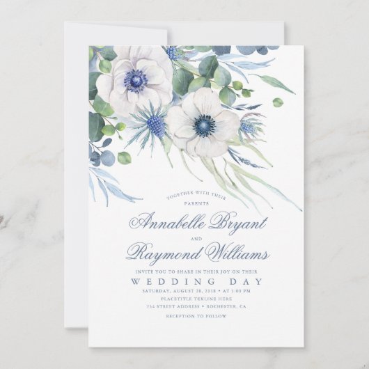 Thistle Anemone Greenery Dusty Blue Wedding Einladung (Vorderseite)