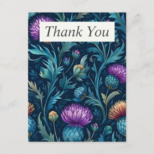 Thistle & Blätter auf dunklem Hintergrund Danke Ka Postkarte (Vorderseite)