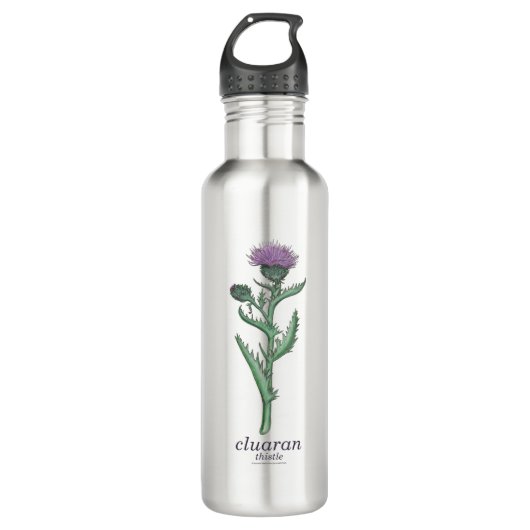 thistle / cluaran mit schottisch-gälischer überset edelstahlflasche (Vorderseite)