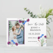 Thistle Elegant Schottisches Lila florales Foto Save The Date (Stehend Vorderseite)