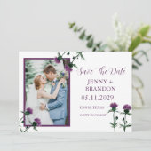 Thistle Elegant Schottisches Lila florales Foto Save The Date (Stehend Vorderseite)