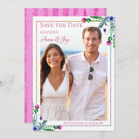 Thistle Floral Foto Save the Date Einladung (Vorne/Hinten)