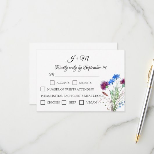 Thistle Floral Scottish Watercolor Wedding RSVP (Vorderseite/Rückseite Beispiel)