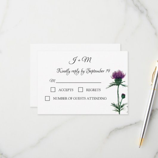 Thistle Floral Scottish Watercolor Wedding RSVP Karte (Vorderseite/Rückseite Beispiel)