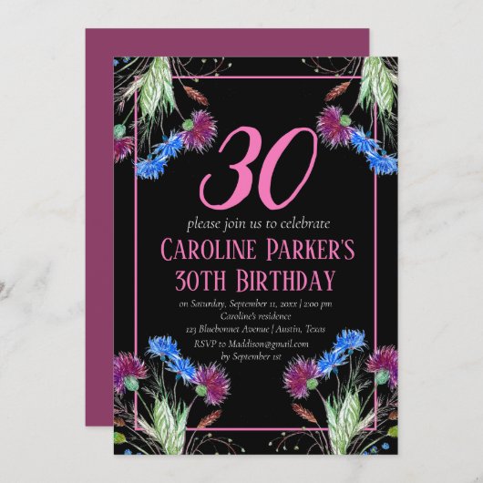Thistle Scottish 30th Birthday Lila Floral Einladung (Vorne/Hinten)