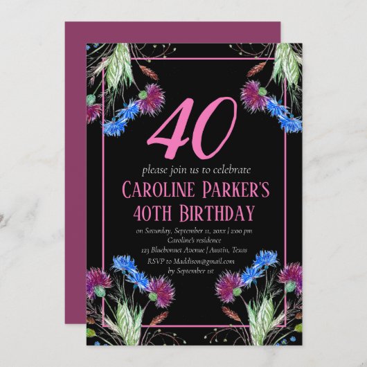 Thistle Scottish 40 th Birthday Lila Floral Einladung (Vorne/Hinten)