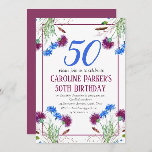Thistle Scottish 50th Birthday Lila Floral Einladung (Vorne/Hinten)