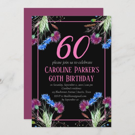 Thistle Scottish 60 th Birthday Lila Floral Einladung (Vorne/Hinten)