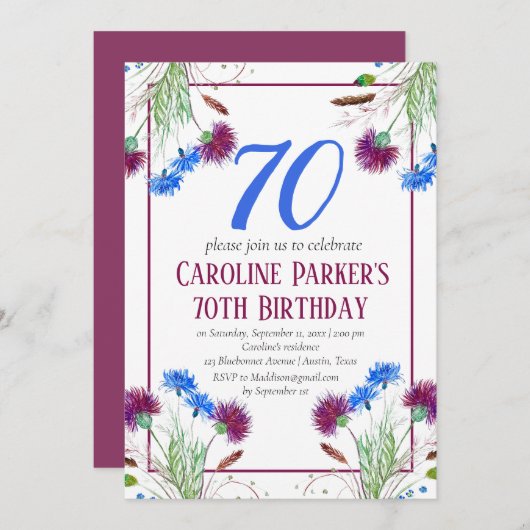 Thistle Scottish 70 th Birthday Lila Floral Einladung (Vorne/Hinten)
