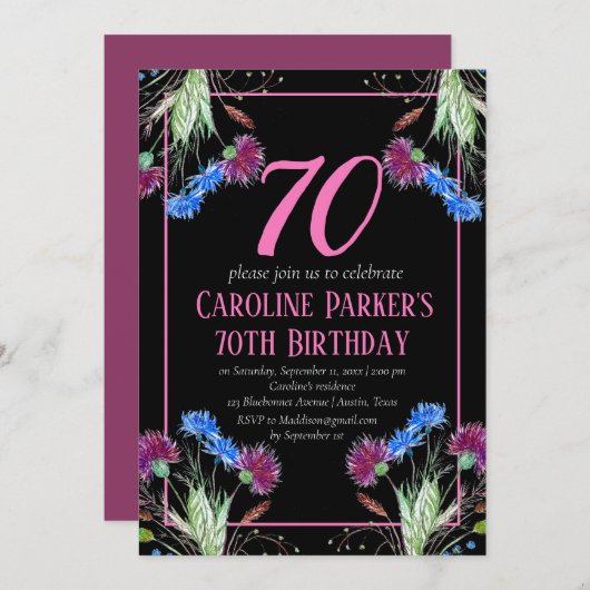 Thistle Scottish 70 th Birthday Lila Floral Einladung (Vorne/Hinten)