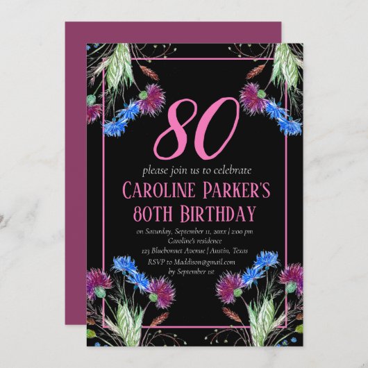 Thistle Scottish 80 th Birthday Lila Floral Einladung (Vorne/Hinten)