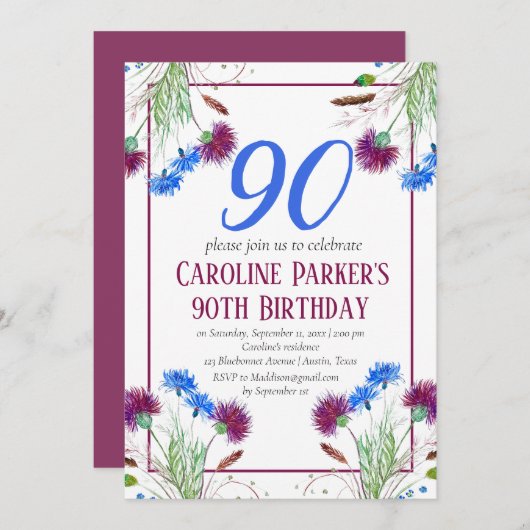 Thistle Scottish 90th Birthday Lila Floral Einladung (Vorne/Hinten)