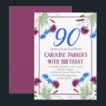 Thistle Scottish 90th Birthday Lila Floral Einladung<br><div class="desc">Elegant,  neunzig,  schottische,  lila und blaue Blumen,  rustikal,  blumenreich,  erwachsen,  Frühling,  botanisch,  Aquarell 90. Geburtstag Einladungen. Handgemalte Wasserfarbensteife allein. Personalisieren Sie es mit Ihren Daten.</div>