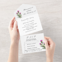Thistle Scottish Simple Purple Floral Wedding All In One Einladung