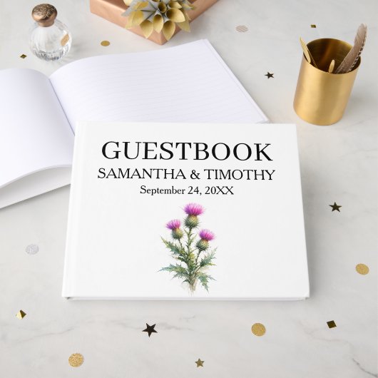 Thistle Scottish Watercolor Floral Wedding Gästebuch (Vorderseite Offen)
