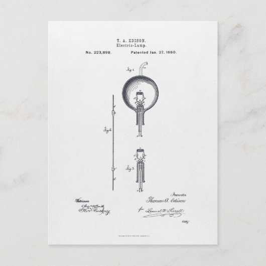 Thomas Edisons Patentantrag für Glühbirnen 1880 Postkarte (Vorderseite)