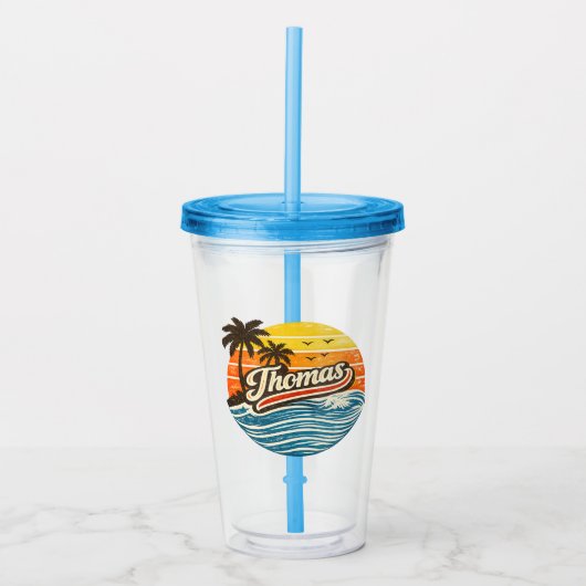 Thomas Retro-Sonnenuntergangs-Name-Design Acryltrinkbecher (Vorderseite)
