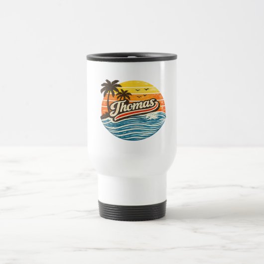 Thomas Retro-Sonnenuntergangs-Name-Design Reisebecher (Mittel)