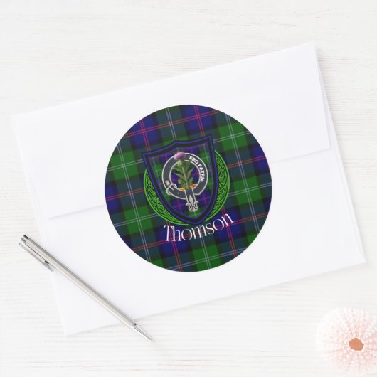 Thomson Scottish Clan Tartan & Crest Runder Aufkleber (Umschlag)