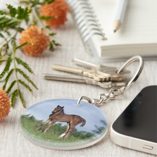 Thoroughbred-Fohlen stehend im Gras Schlüsselanhänger (Vorderseite rechts)