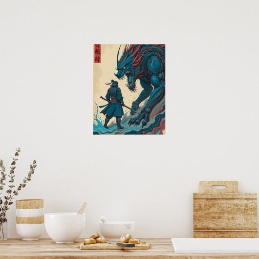 "Threads of War – Cyber Samurai vs Glyph Beast" Poster (Küche)