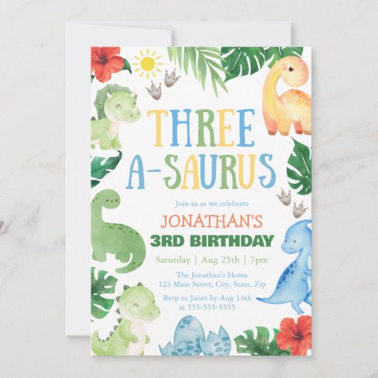 Three A-Saurus Dino 3rd Birthday Einladung (Vorderseite)