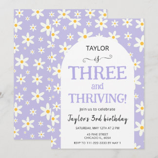 THREE and Thriving Purple Daisy 3rd Birthday Einladung