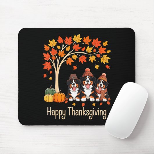 Three Bernese Mountain Dogs Fall Tree Happy Thanks Mousepad (Mit Mouse)