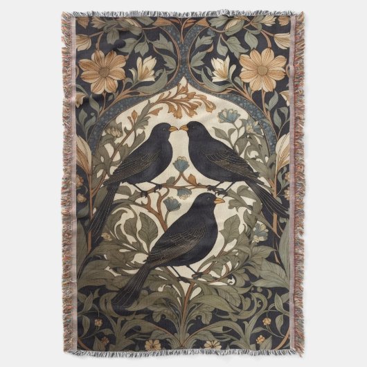 Three Black Birds William Morris Inspired  Decke (Vorderseite Vertikal)