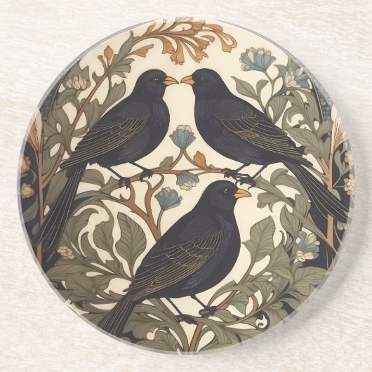 Three Black Birds William Morris Inspiriert Getränkeuntersetzer (Vorne)